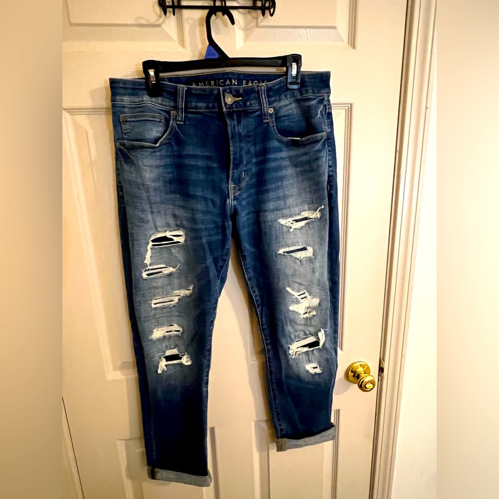 34W 30L (Next Level Flex) American Eagle patched ripped navy jeans